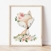 Fox, Woodland Animals, Boho, Flores Rosa