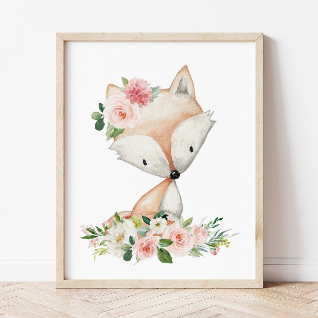 Póster Fox, Woodland Animals, Boho, Flores Rosa (Subido por el creador)