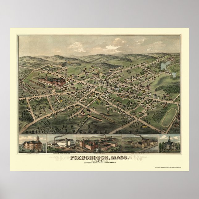 Póster Foxborough, MAMÁES Mapa Panorámico - 1879 (Frente)