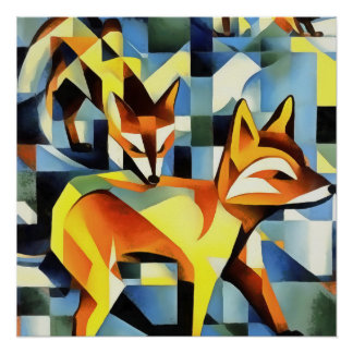 Póster Foxes Artísticos En Un Estilo De Arte Geométrico