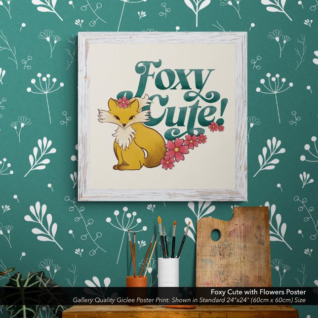 Póster Foxy Cute con flores (Foxy Cute poster print shown in the standard 24" x 24" dimensions. Choose the size best for you.)