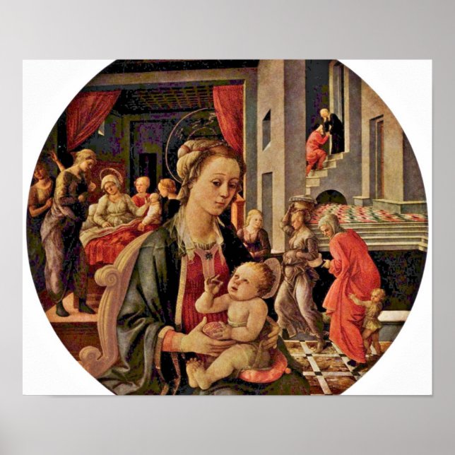 Póster Fra Filippo Lippi - Madonna y el niño tondo (Frente)