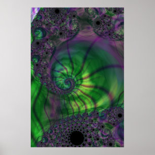 Póster Fractal con espiral verde y púrpura