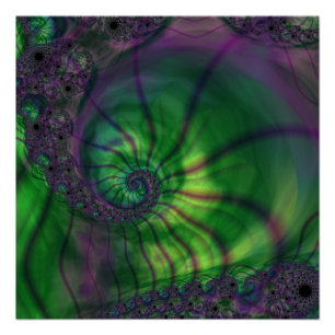 Póster Fractal con espiral verde y púrpura