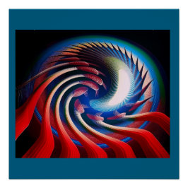Póster Fractal de fantasía azul y blanco rojo