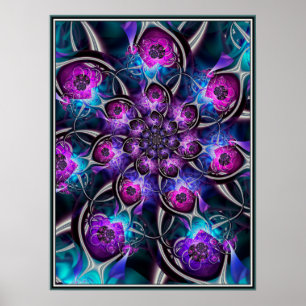 Póster Fractal de Flor Púrpura y Azul