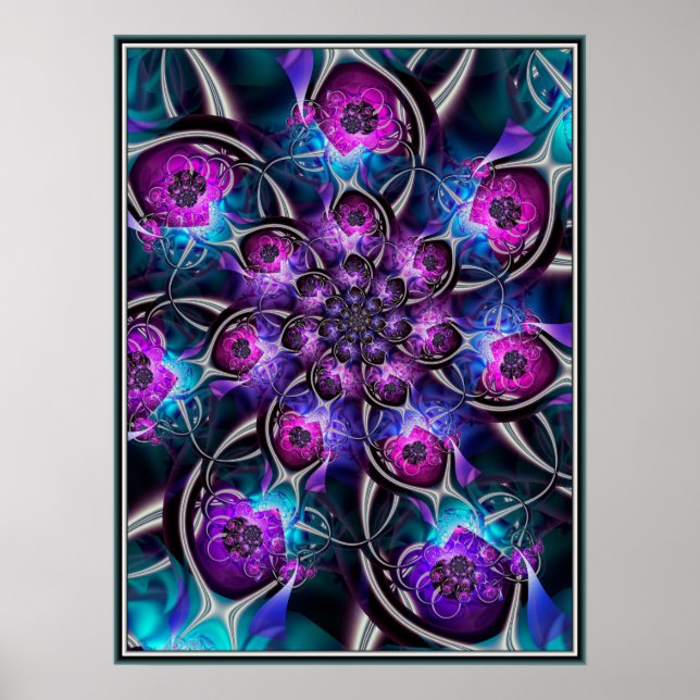 Póster Fractal de Flor Púrpura y Azul (Frente)
