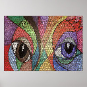 Póster fractal de vidrio manchado de ojos azul y marrón