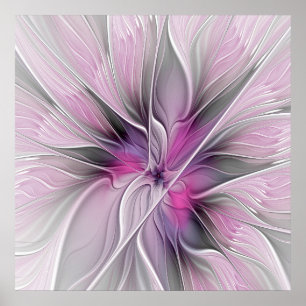 Póster Fractal Floral Moderno Abstracto Flor Rosa Gris