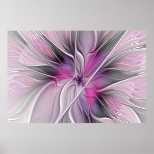 Póster Fractal Floral Moderno Abstracto Flor Rosa Gris