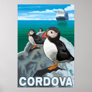 Póster Frailecillos y barco de cruceros - Cordova, Alaska