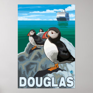 Póster Frailecillos y barco de cruceros - Douglas, Alaska