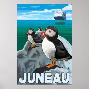 Póster Frailecillos y barco de cruceros - Juneau, Alaska