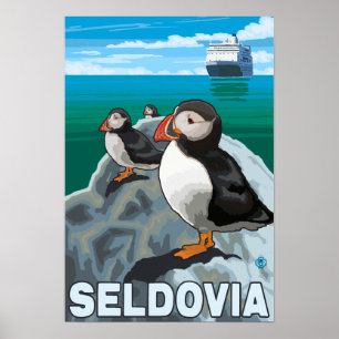 Póster Frailecillos y barco de cruceros - Seldovia,