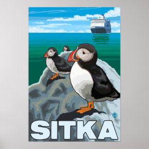 Póster Frailecillos y barco de cruceros - Sitka, Alaska