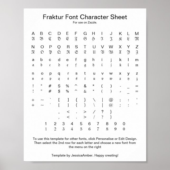 Póster Fraktur Font Character Sheet for Zazzle (Frente)
