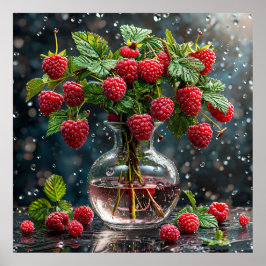 Póster Frambuesas frescas y hojas verdes