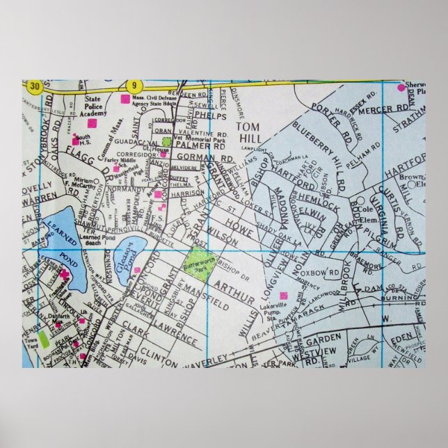 Póster Framingham, MAMÁES Poster de Mapa de Vintage (Frente)