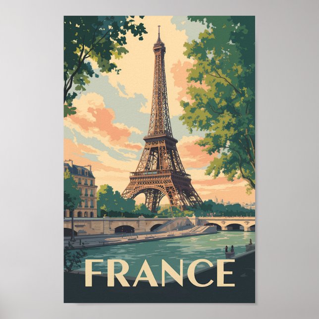 Póster France Eiffel Tower Travel Art Vintage (Frente)