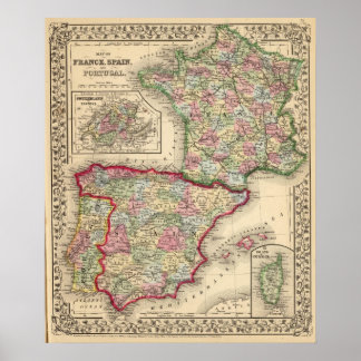 Póster France, Spain, Portugal Map by Mitchell