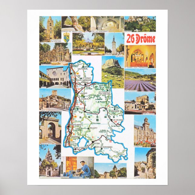 Póster Francia vintage, mapa, Drome (Frente)