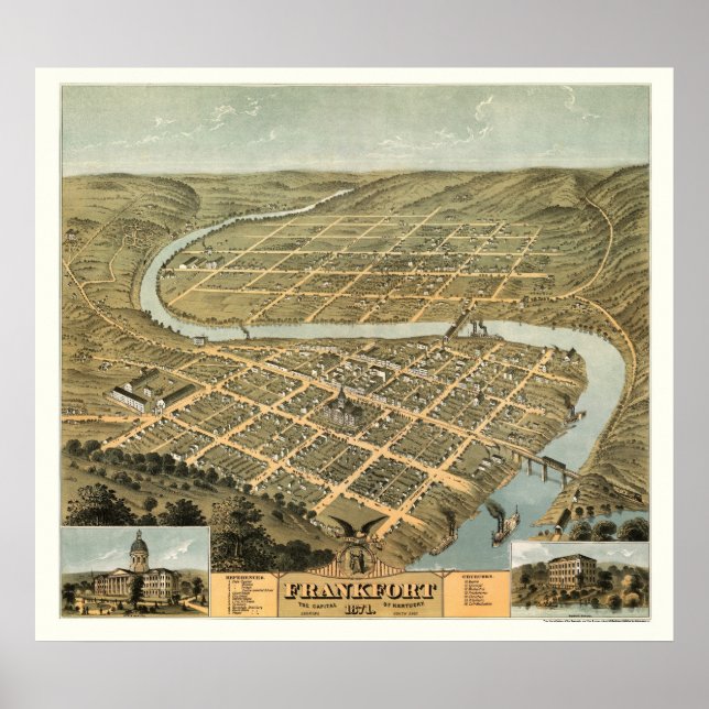 Póster Frankfort, Mapa Panorámico de KY - 1871 (Frente)