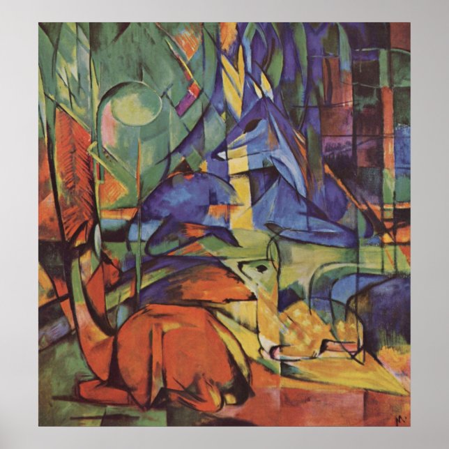 Póster Franz Marc - Deer in Woods II 1913-14 Moon Fawn (Frente)