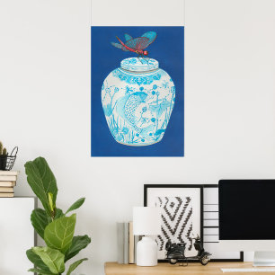 Póster Frasco de jengibre azul y blanco con libélula
