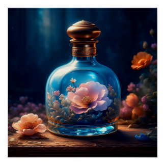 Póster Frasco de Perfume Azul Floral