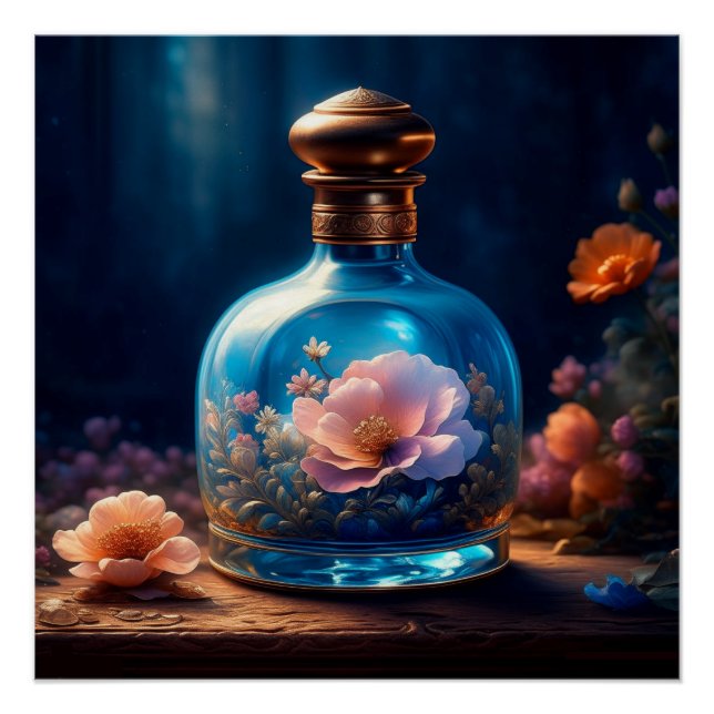 Póster Frasco de Perfume Azul Floral (Anverso)