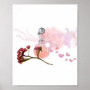 Póster Frasco de Perfume Rosa Elegante y Flores Estética