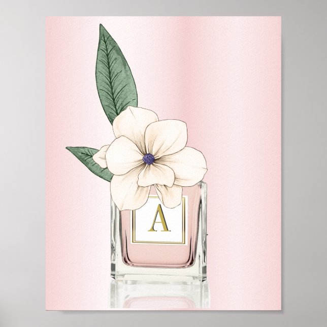 Póster Frasco de Perfume Rosa Floral Magnolia Monograma (Frente)