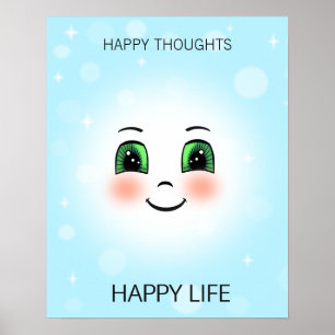 Póster Frase feliz y pensamientos felices con azul claro