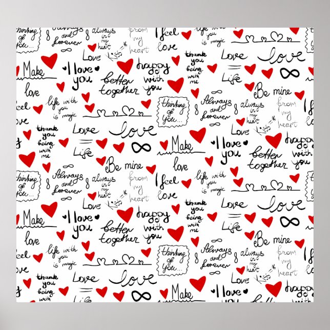 Póster Frases de amor, corazones de garabatos, patrones d (Frente)
