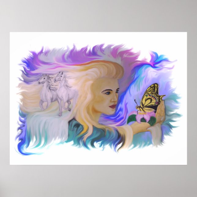 Póster Frau mit Pferd und Schmetterling in Hand (Frente)