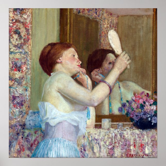 Póster Frederick Carl Frieseke, una mujer con espejo (Frente)