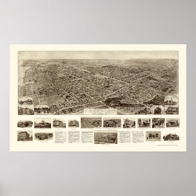 Póster Freeport, Mapa Panorámico de Nueva York - 1909 (Frente)