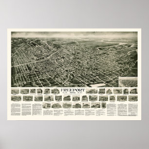 Póster Freeport, Mapa Panorámico de Nueva York - 1925