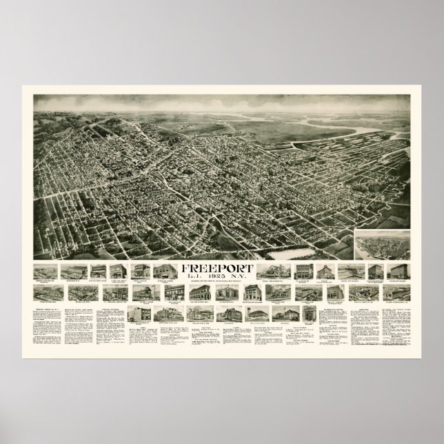 Póster Freeport, Mapa Panorámico de Nueva York - 1925 (Frente)