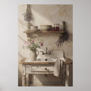 Póster Fregadero de cocina rústica con lavanda y flores s