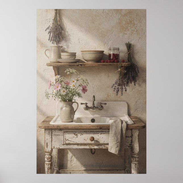 Póster Fregadero de cocina rústica con lavanda y flores s (Frente)