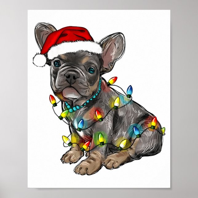 Póster French Bulldog Dog Christmas Lights Santa Xmas Pet (Frente)