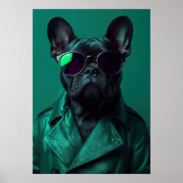 Póster French Bulldog in Green Leather Jacket Art