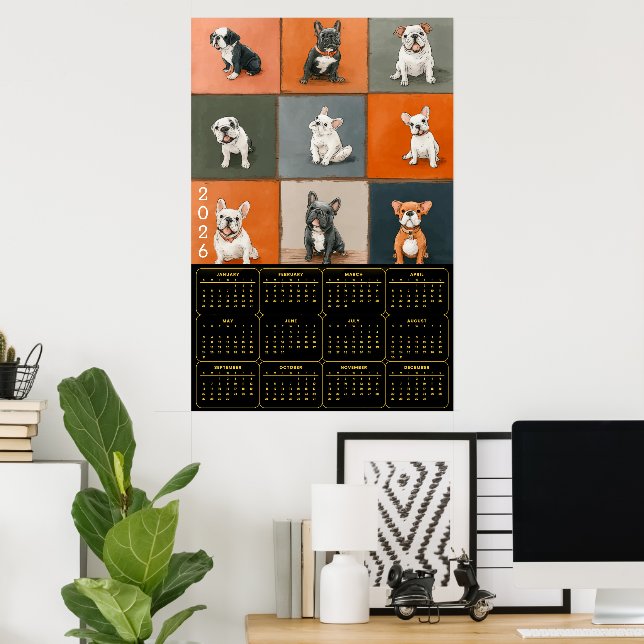 Póster French Bulldog Portrait Grid with 2026 Calendar (Oficina en casa)