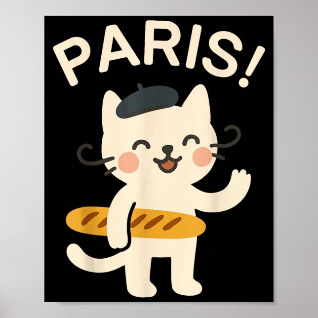 Póster French Cat With Baguette Cute Cat Paris Funny Anim (Frente)
