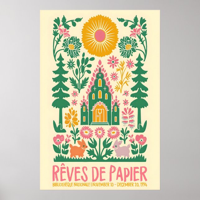 Póster French Folk Art Print Floral Rabbit Exhibition (Frente)