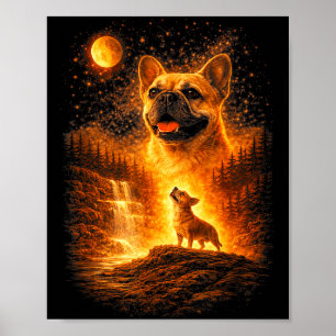 Póster Frenchie aullando a la luna perro místico vintage