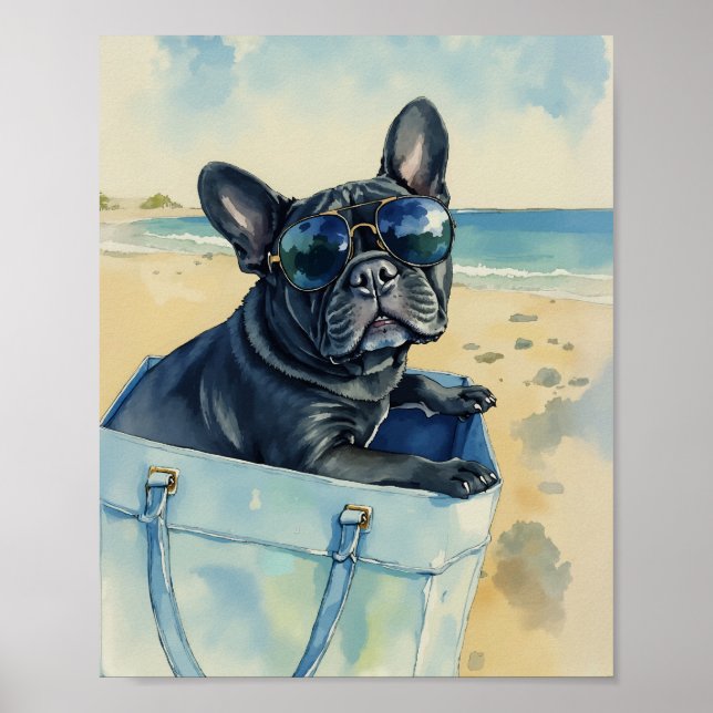Póster Frenchie en la Playa Acuarela (Frente)