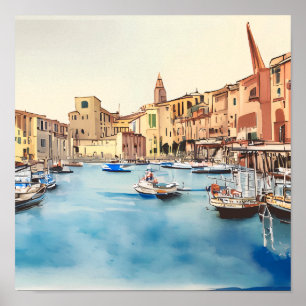 Póster Frente Al Agua Y Barcos En El Puerto, Italiano