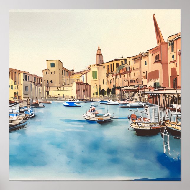 Póster Frente Al Agua Y Barcos En El Puerto, Italiano (Frente)